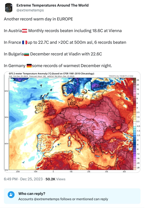An X (Twitter) post from @extremetemps - Extreme Temperatures Around The World