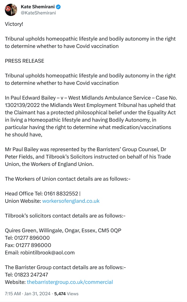 An X (Twitter) post from @KateShemirani - Kate Shemirani