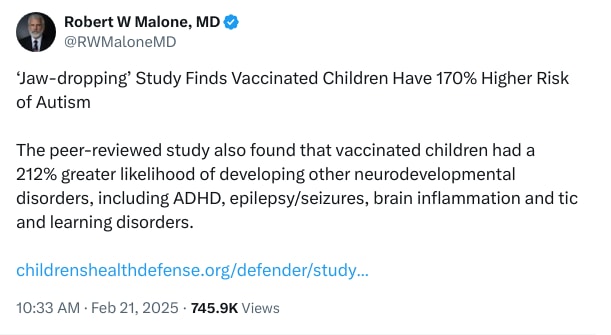 An X (Twitter) post from @RWMaloneMD - Robert W Malone, MD