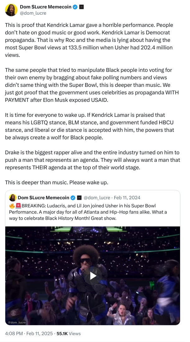 An X (Twitter) post from @dom_lucre - Dom $Lucre Memecoin