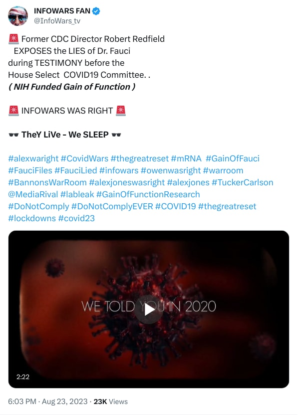 An X (Twitter) post from @InfoWars_tv - INFOWARS FAN