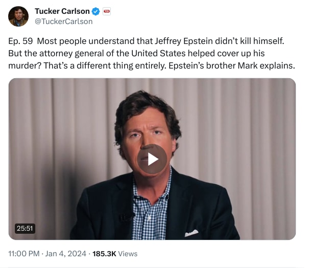 An X (Twitter) post from @TuckerCarlson - Tucker Carlson