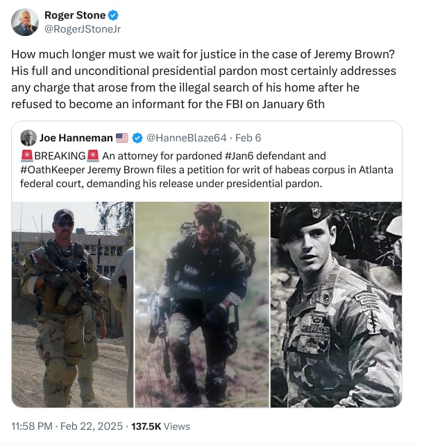 An X (Twitter) post from @RogerJStoneJr - Roger Stone