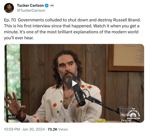 An X (Twitter) post from @TuckerCarlson - Tucker Carlson