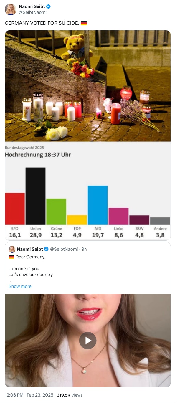 An X (Twitter) post from @SeibtNaomi - Naomi Seibt
