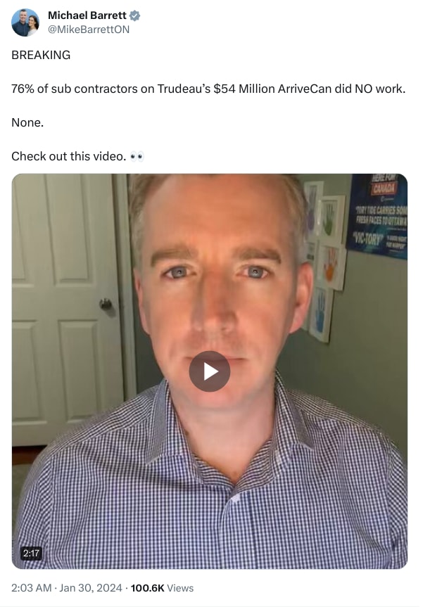 An X (Twitter) post from @MikeBarrettON - Michael Barrett