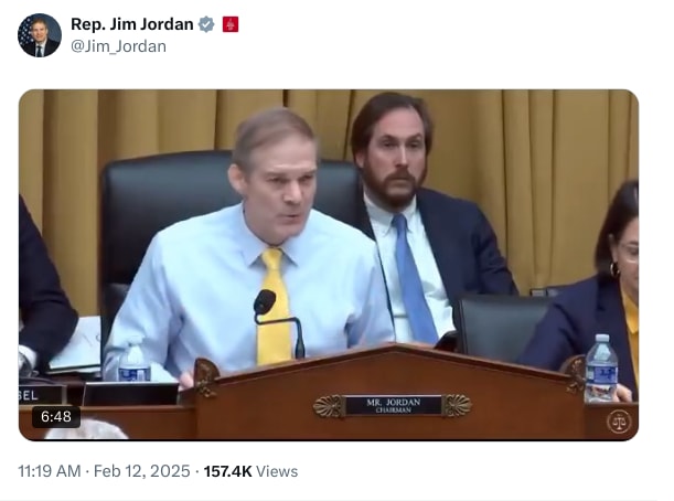 An X (Twitter) post from @Jim_Jordan - Rep. Jim Jordan