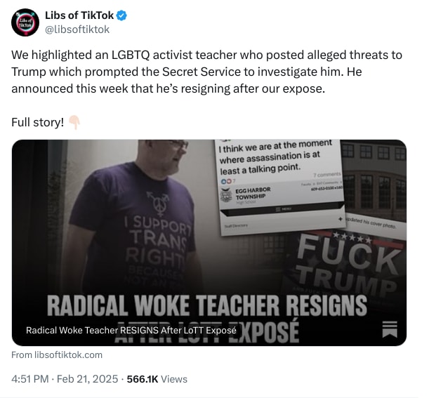An X (Twitter) post from @libsoftiktok - Libs of TikTok