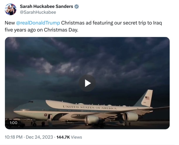 An X (Twitter) post from @SarahHuckabee - Sarah Huckabee Sanders