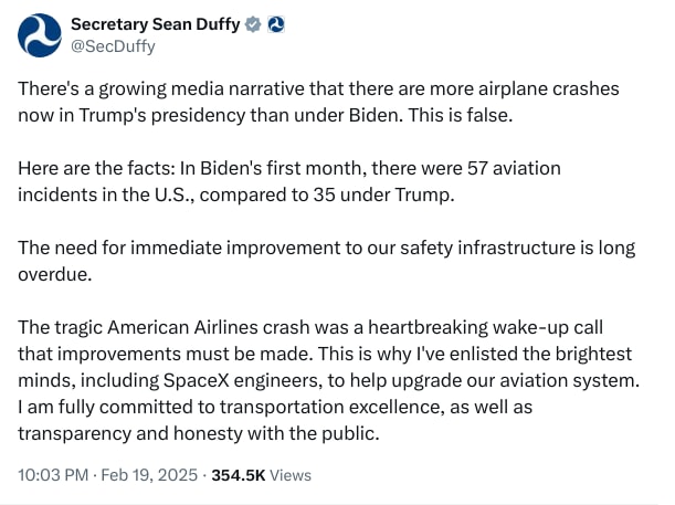 An X (Twitter) post from @SecDuffy - Secretary Sean Duffy
