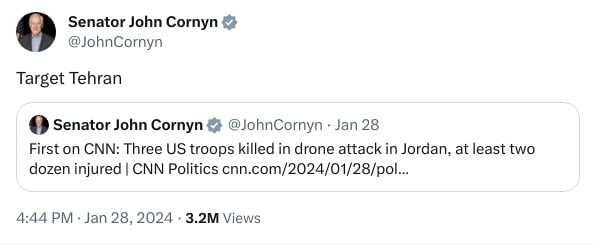 An X (Twitter) post from @JohnCornyn - Senator John Cornyn