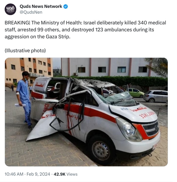 An X (Twitter) post from @QudsNen - Quds News Network