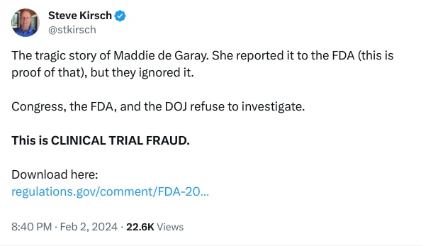 An X (Twitter) post from @stkirsch - Steve Kirsch