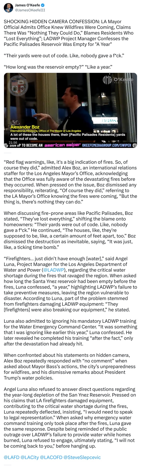 An X (Twitter) post from @JamesOKeefeIII - James O'Keefe