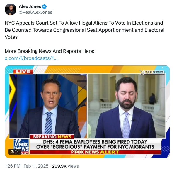 An X (Twitter) post from @RealAlexJones - Alex Jones