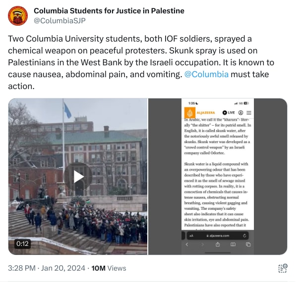 An X (Twitter) post from @ColumbiaSJP - Columbia Students for Justice in Palestine