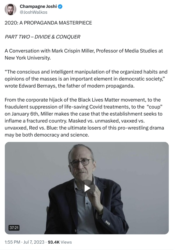 An X (Twitter) post from @JoshWalkos - Champagne Joshi