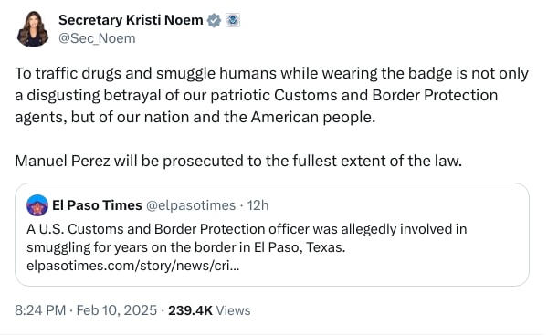 An X (Twitter) post from @Sec_Noem - Secretary Kristi Noem