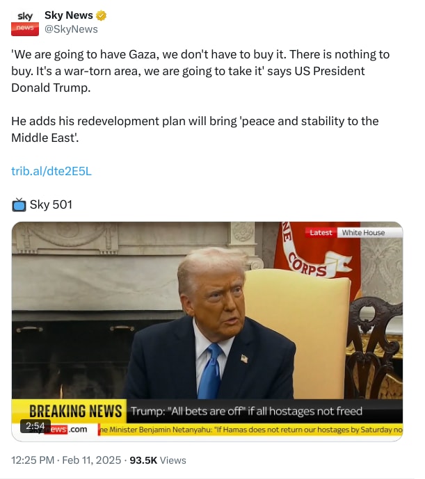 An X (Twitter) post from @SkyNews - Sky News
