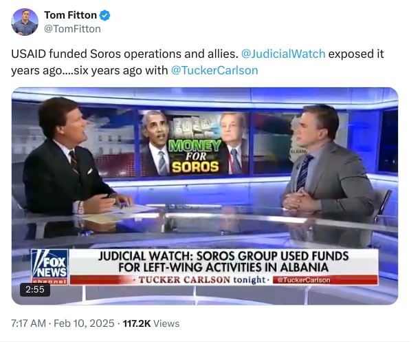 An X (Twitter) post from @TomFitton - Tom Fitton