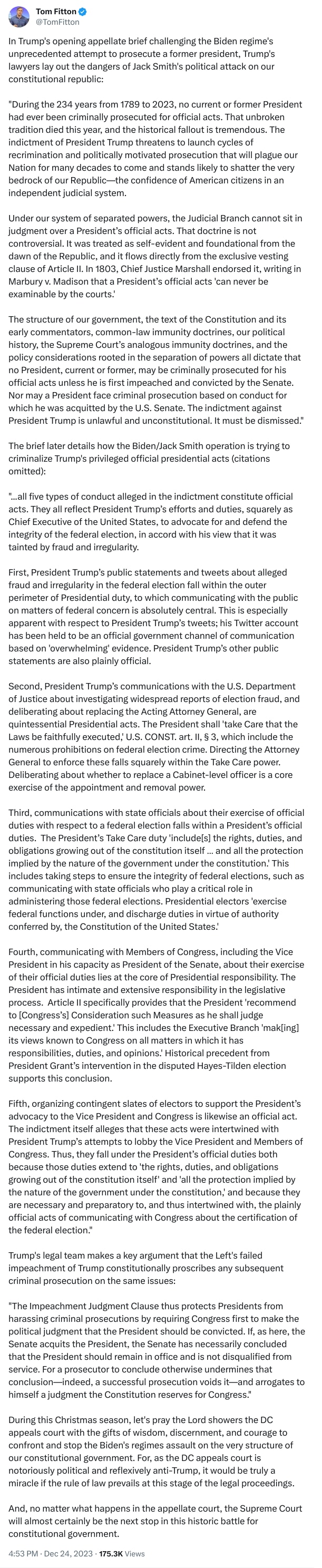 An X (Twitter) post from @TomFitton - Tom Fitton