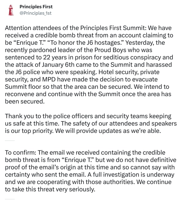 An X (Twitter) post from @Principles_1st - Principles First