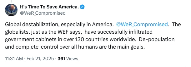 An X (Twitter) post from @WeR_Compromised - It's Time To Save America.