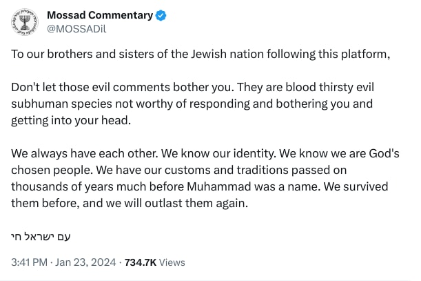 An X (Twitter) post from @MOSSADil - Mossad Commentary