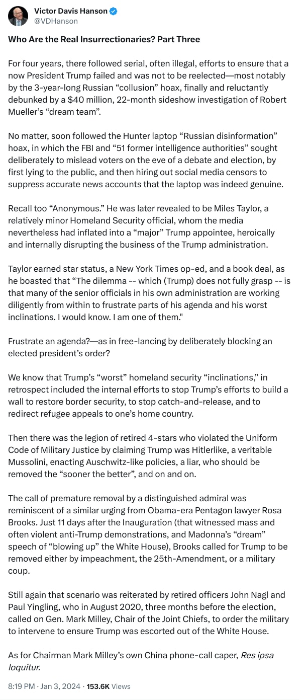 An X (Twitter) post from @VDHanson - Victor Davis Hanson
