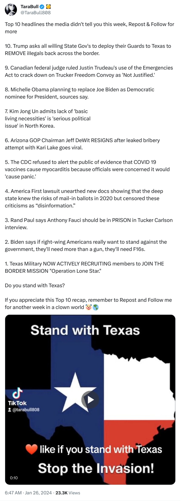 An X (Twitter) post from @TaraBull808 - TaraBull