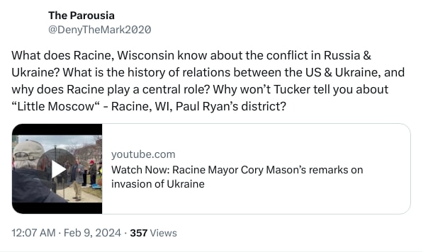 An X (Twitter) post from @DenyTheMark2020 - The Parousia