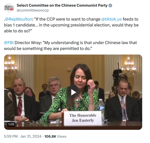 An X (Twitter) post from @committeeonccp - Select Committee on the Chinese Communist Party