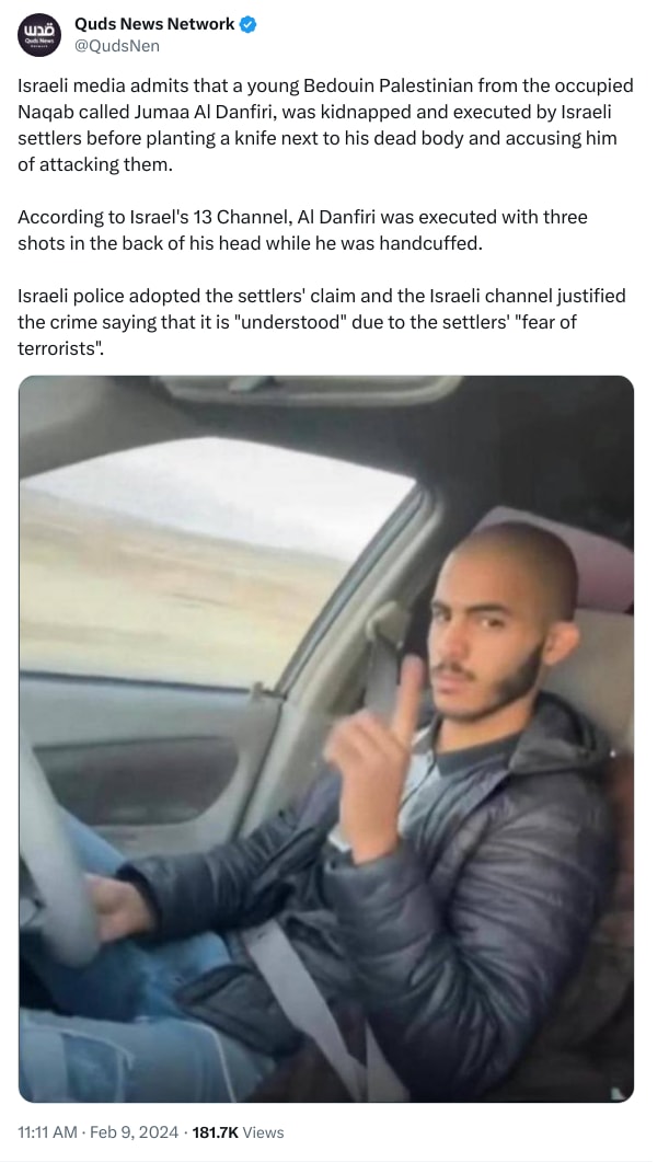 An X (Twitter) post from @QudsNen - Quds News Network