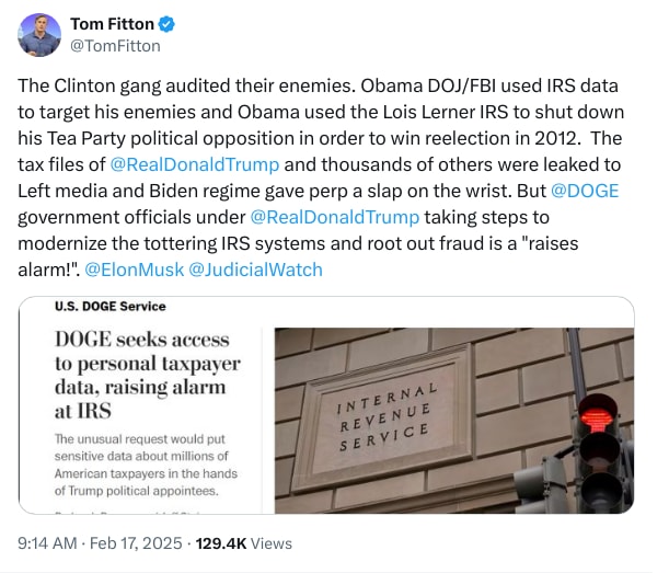An X (Twitter) post from @TomFitton - Tom Fitton