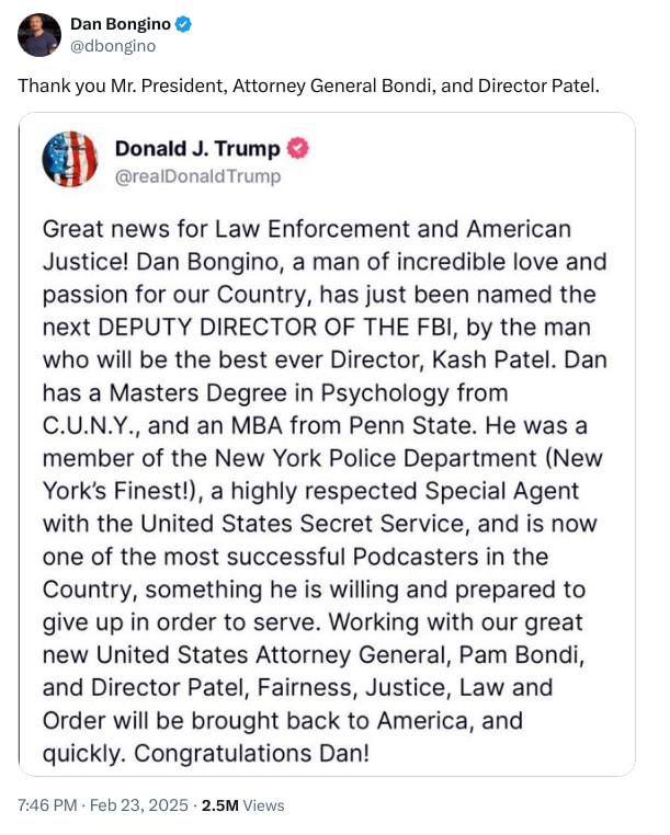 An X (Twitter) post from @dbongino - Dan Bongino