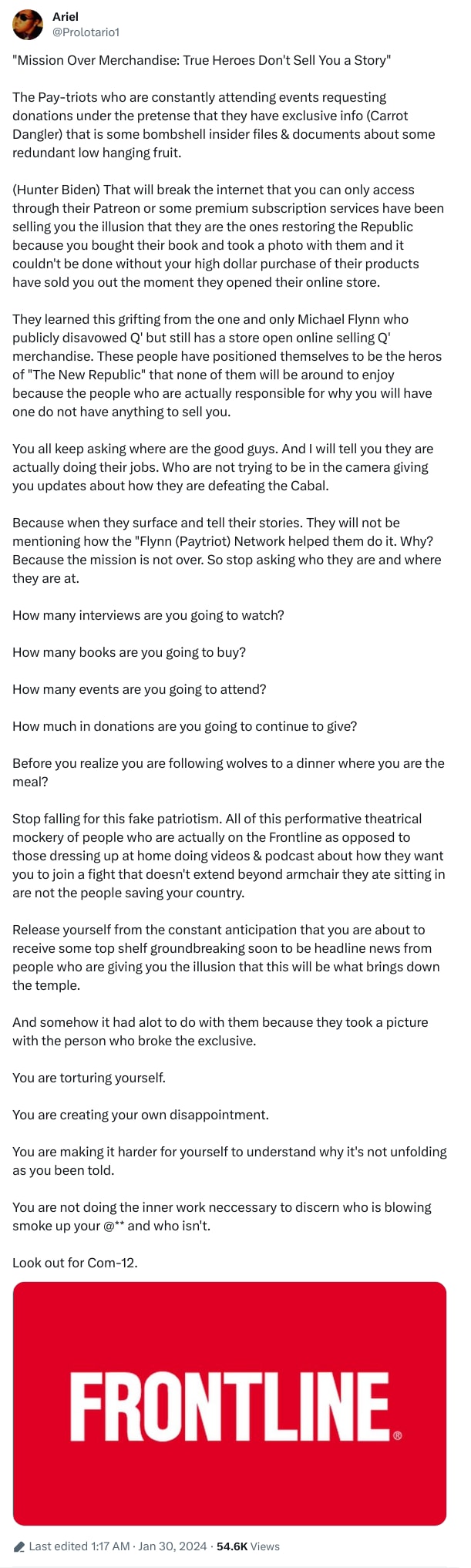 An X (Twitter) post from @Prolotario1 - Ariel