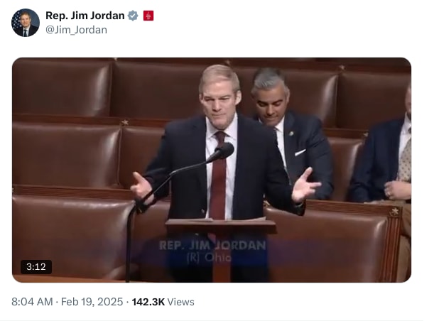 An X (Twitter) post from @Jim_Jordan - Rep. Jim Jordan