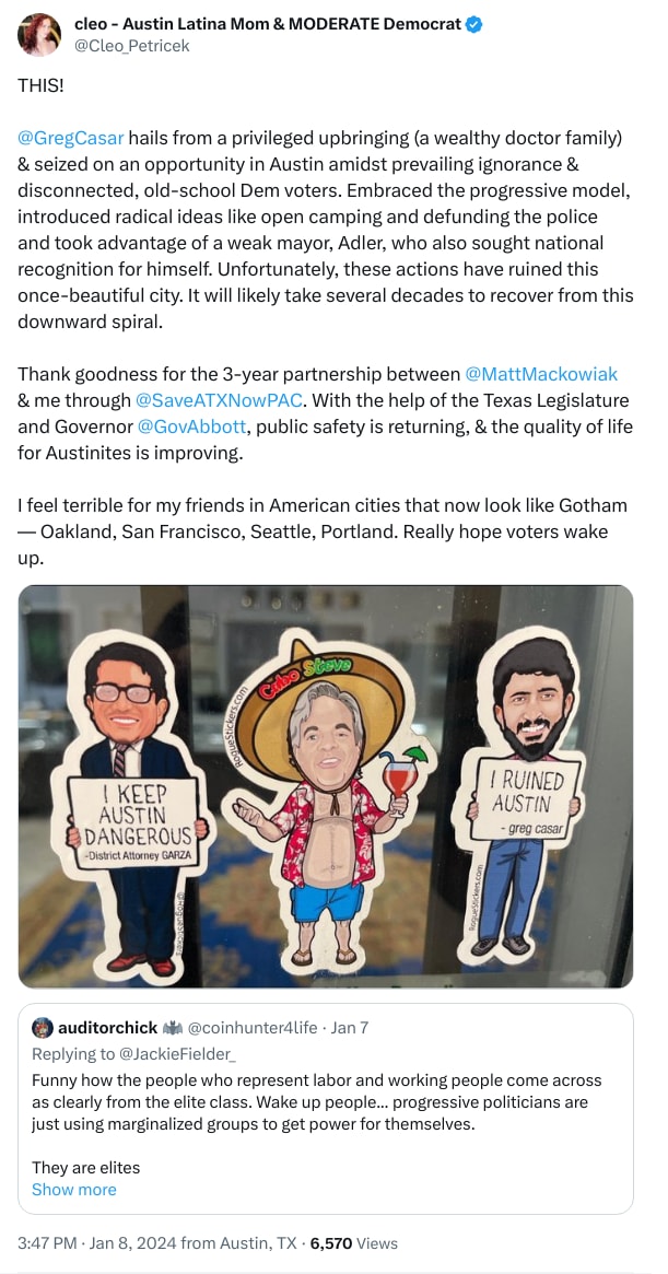 An X (Twitter) post from @Cleo_Petricek - cleo - Austin Latina Mom & MODERATE Democrat