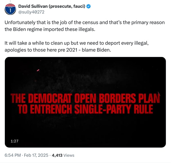 An X (Twitter) post from @sully40272 - David Sullivan (prosecute, fauci)