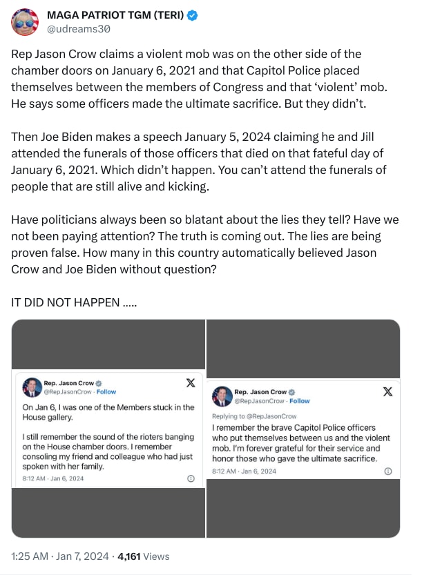 An X (Twitter) post from @udreams30 - MAGA PATRIOT TGM (TERI)