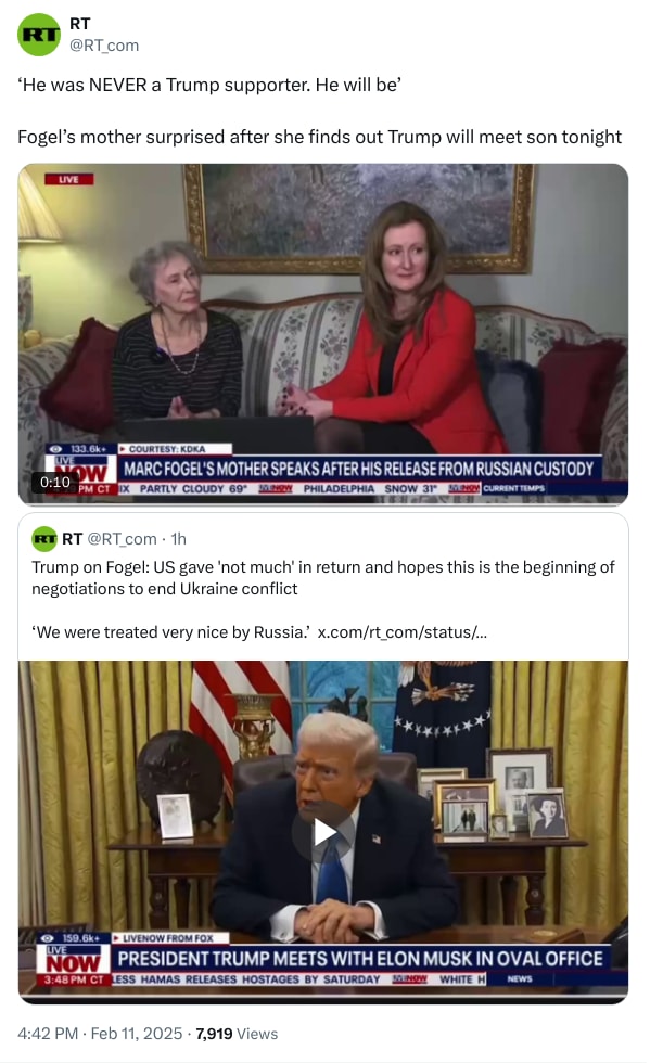 An X (Twitter) post from @RT_com - RT