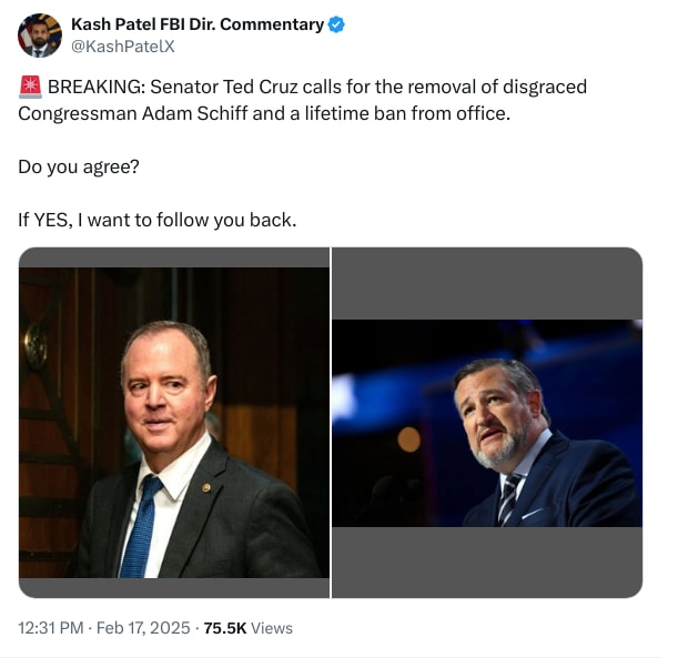 An X (Twitter) post from @KashPatelX - Kash Patel FBI Dir. Commentary