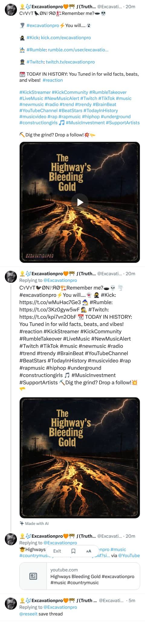 An X (Twitter) post from @Excavationpro - 👷‍♂️🎶Excavationpro🧡🚧 ∫(Truth × Light)df