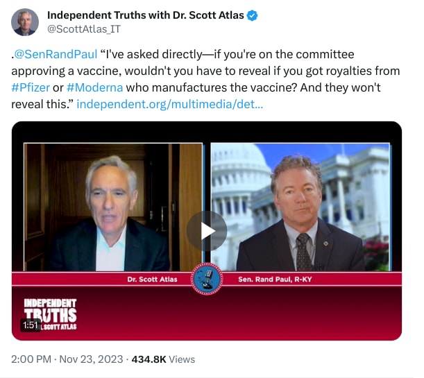 An X (Twitter) post from @ScottAtlas_IT - Independent Truths with Dr. Scott Atlas