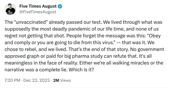 An X (Twitter) post from @FiveTimesAugust - Five Times August