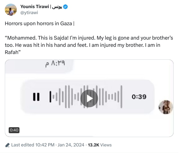 An X (Twitter) post from @ytirawi - Younis Tirawi | يونس