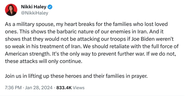An X (Twitter) post from @NikkiHaley - Nikki Haley