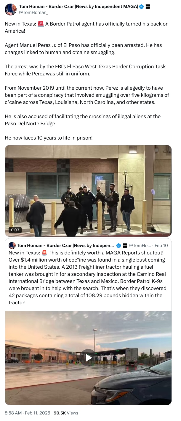 An X (Twitter) post from @TomHoman_ - Tom Homan - Border Czar |News by Independent MAGA|