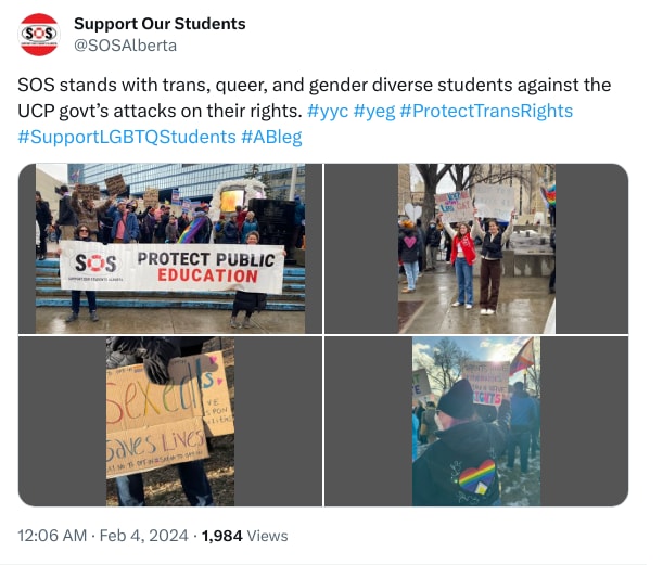 An X (Twitter) post from @SOSAlberta - Support Our Students