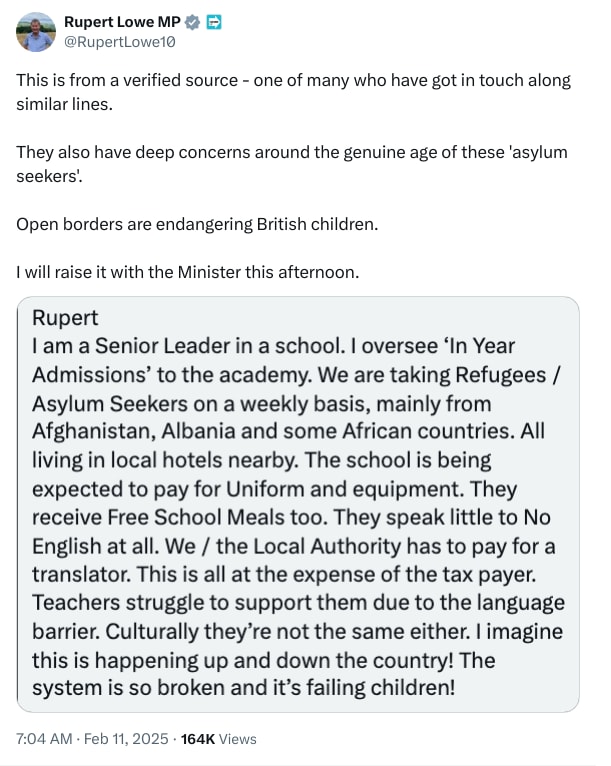 An X (Twitter) post from @RupertLowe10 - Rupert Lowe MP